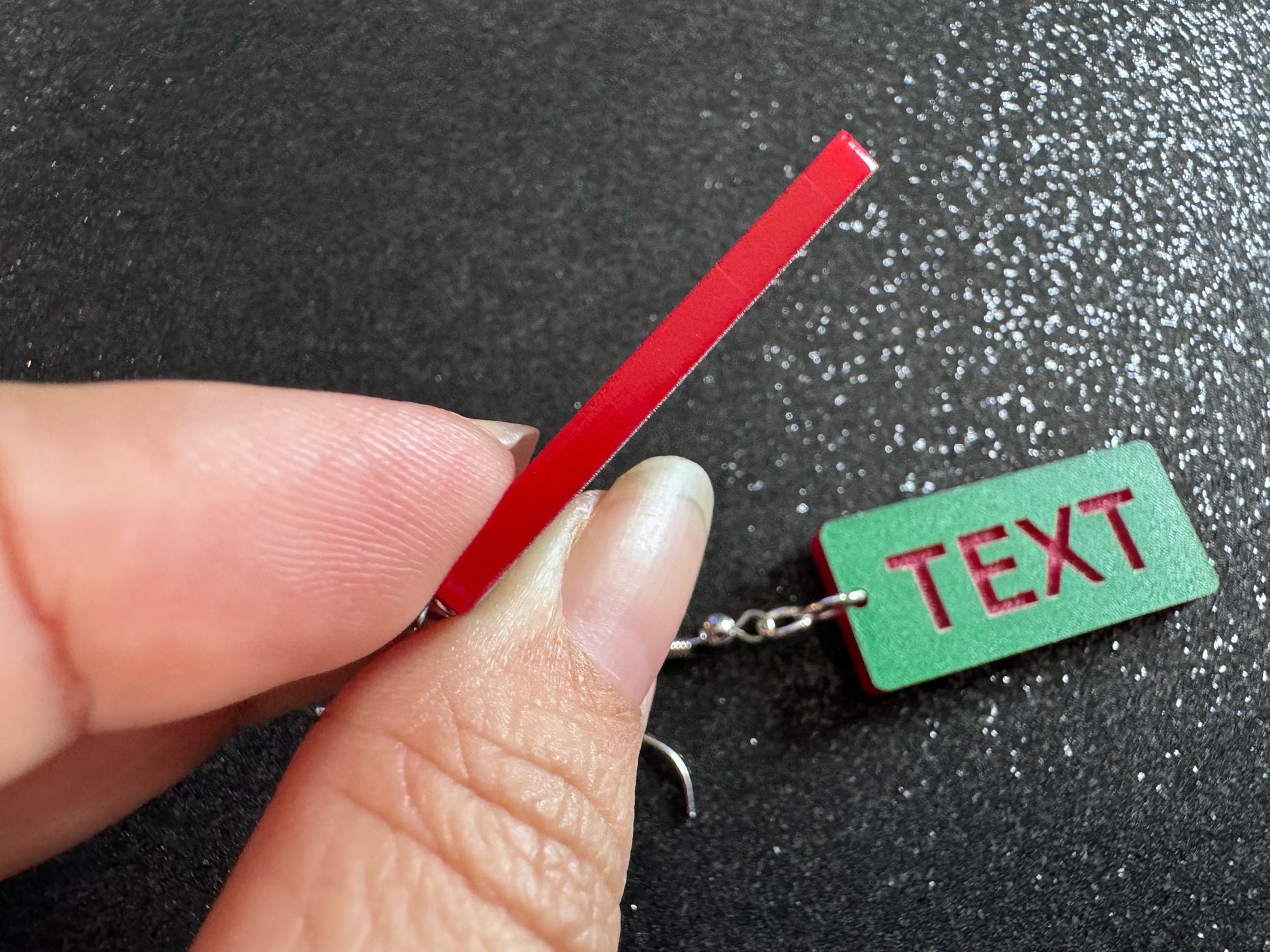 Custom Text Earrings: Laser Engraved Words, Green with Red Text, Letters, Names, Teacher Gift, Anniversary, Best Gifts for Her/Him/Them