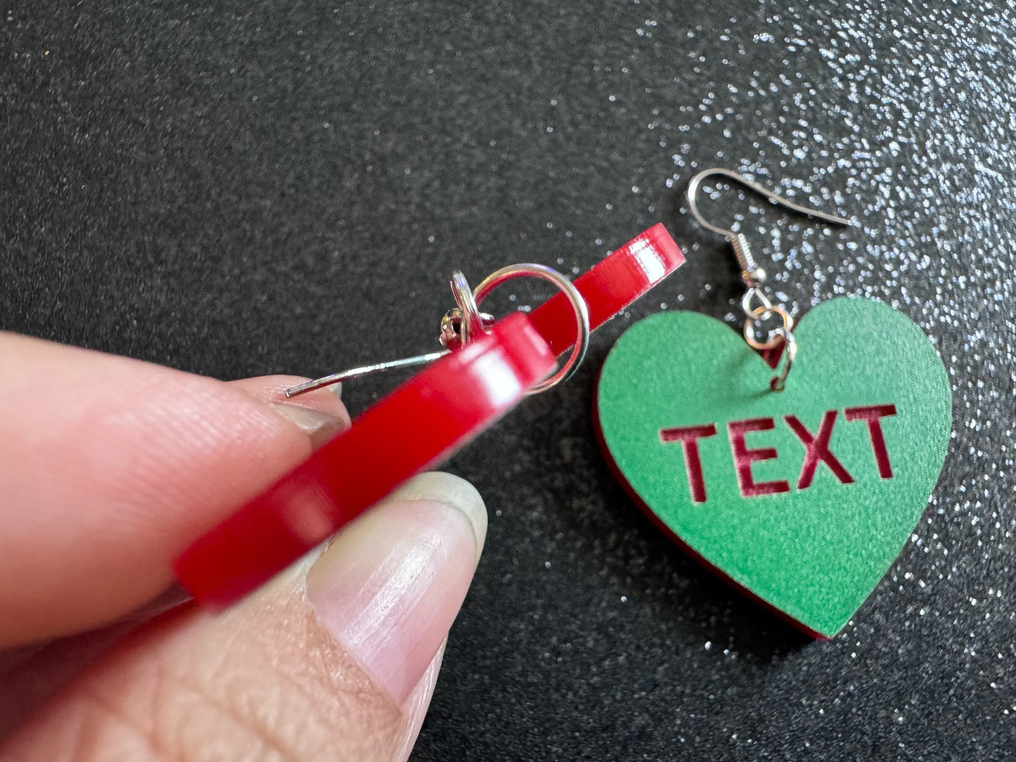Custom Text Earrings: Laser Engraved Words, Green with Red Text, Letters, Names, Teacher Gift, Anniversary, Best Gifts for Her/Him/Them
