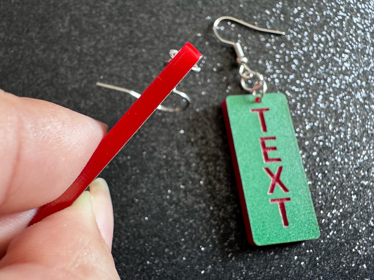 Custom Text Earrings: Laser Engraved Words, Green with Red Text, Letters, Names, Teacher Gift, Anniversary, Best Gifts for Her/Him/Them