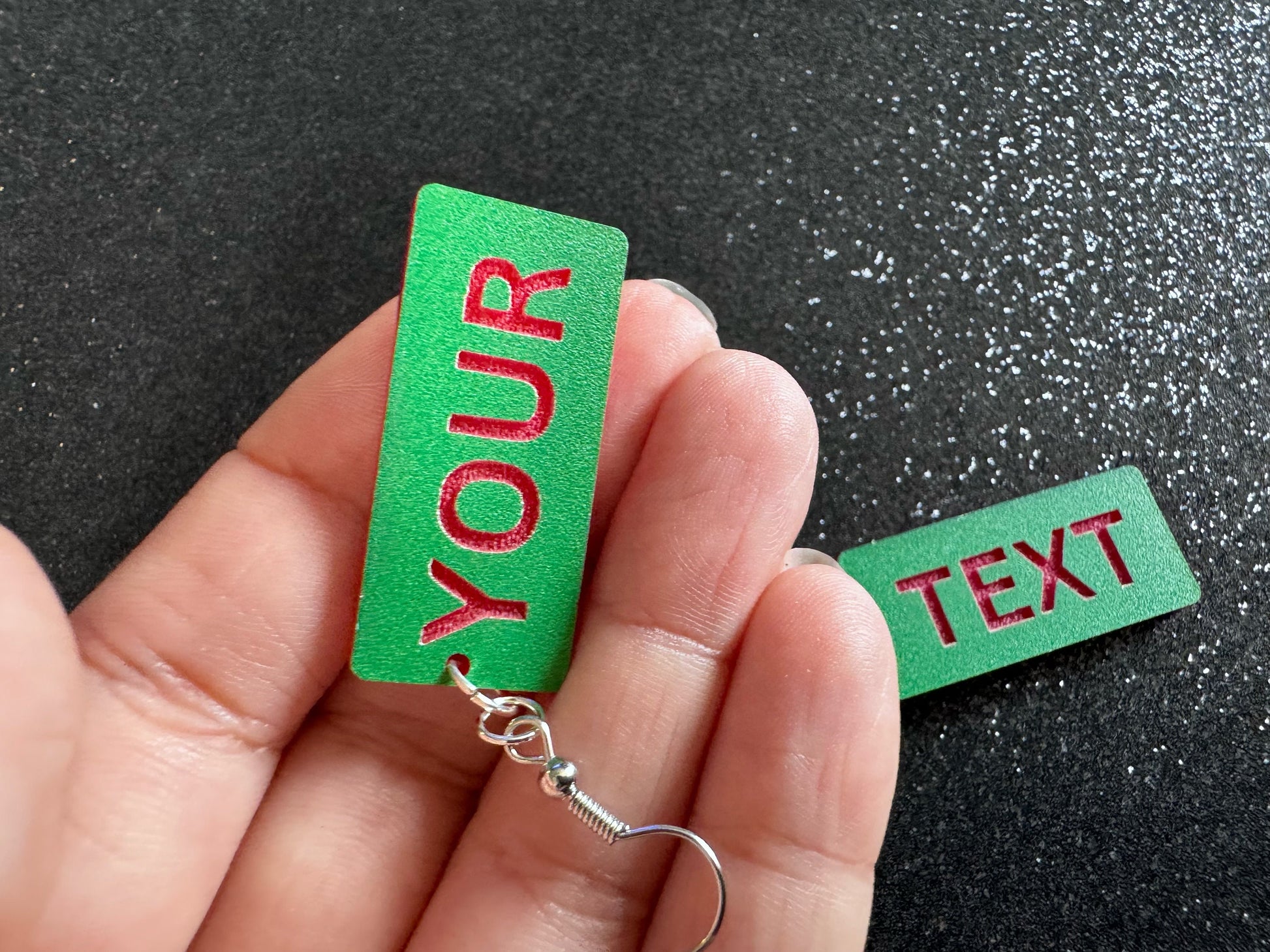 Custom Text Earrings: Laser Engraved Words, Green with Red Text, Letters, Names, Teacher Gift, Anniversary, Best Gifts for Her/Him/Them