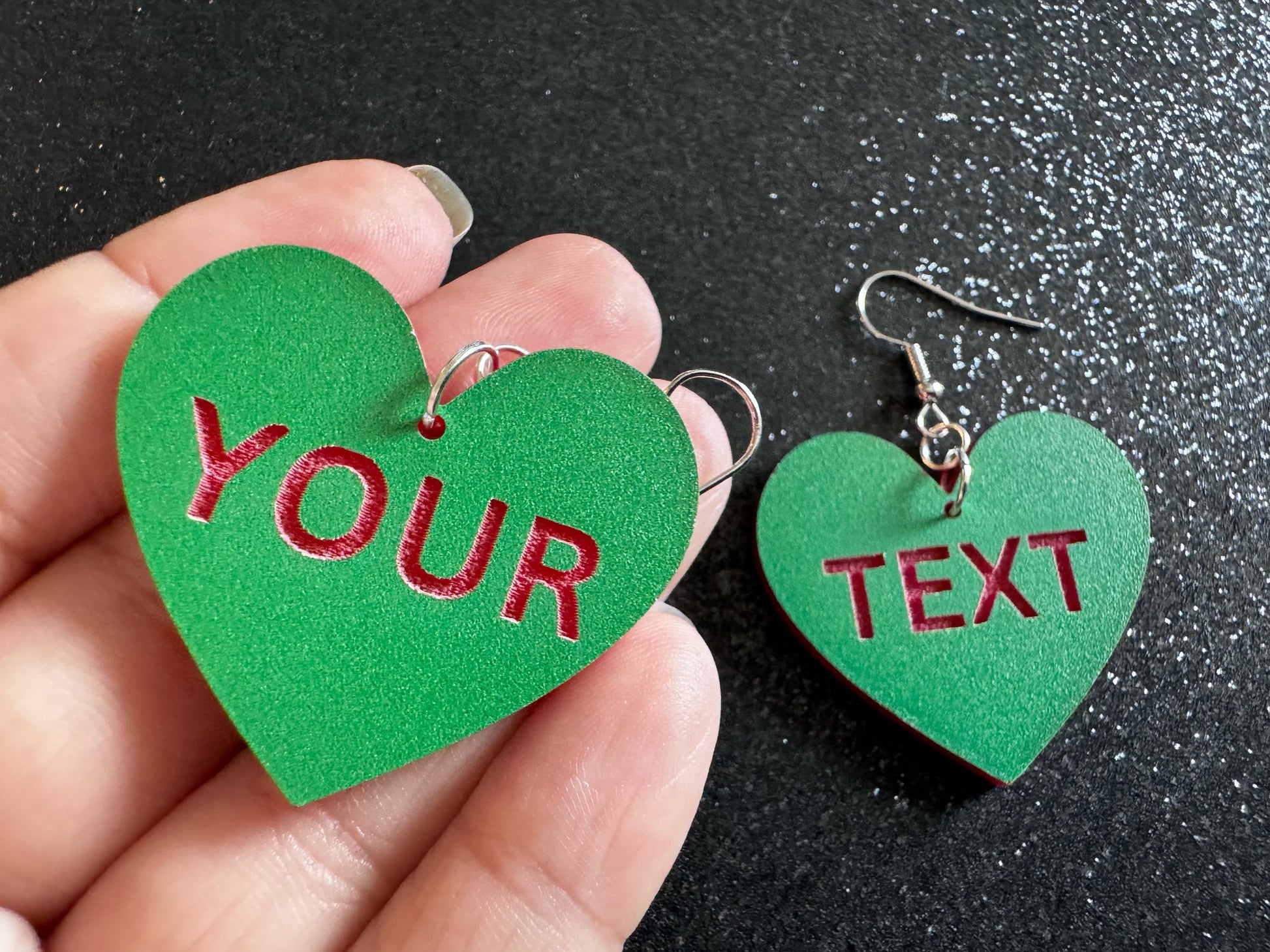 Custom Text Earrings: Laser Engraved Words, Green with Red Text, Letters, Names, Teacher Gift, Anniversary, Best Gifts for Her/Him/Them