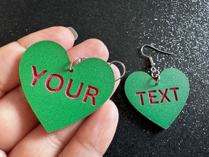 Custom Text Earrings: Laser Engraved Words, Green with Red Text, Letters, Names, Teacher Gift, Anniversary, Best Gifts for Her/Him/Them