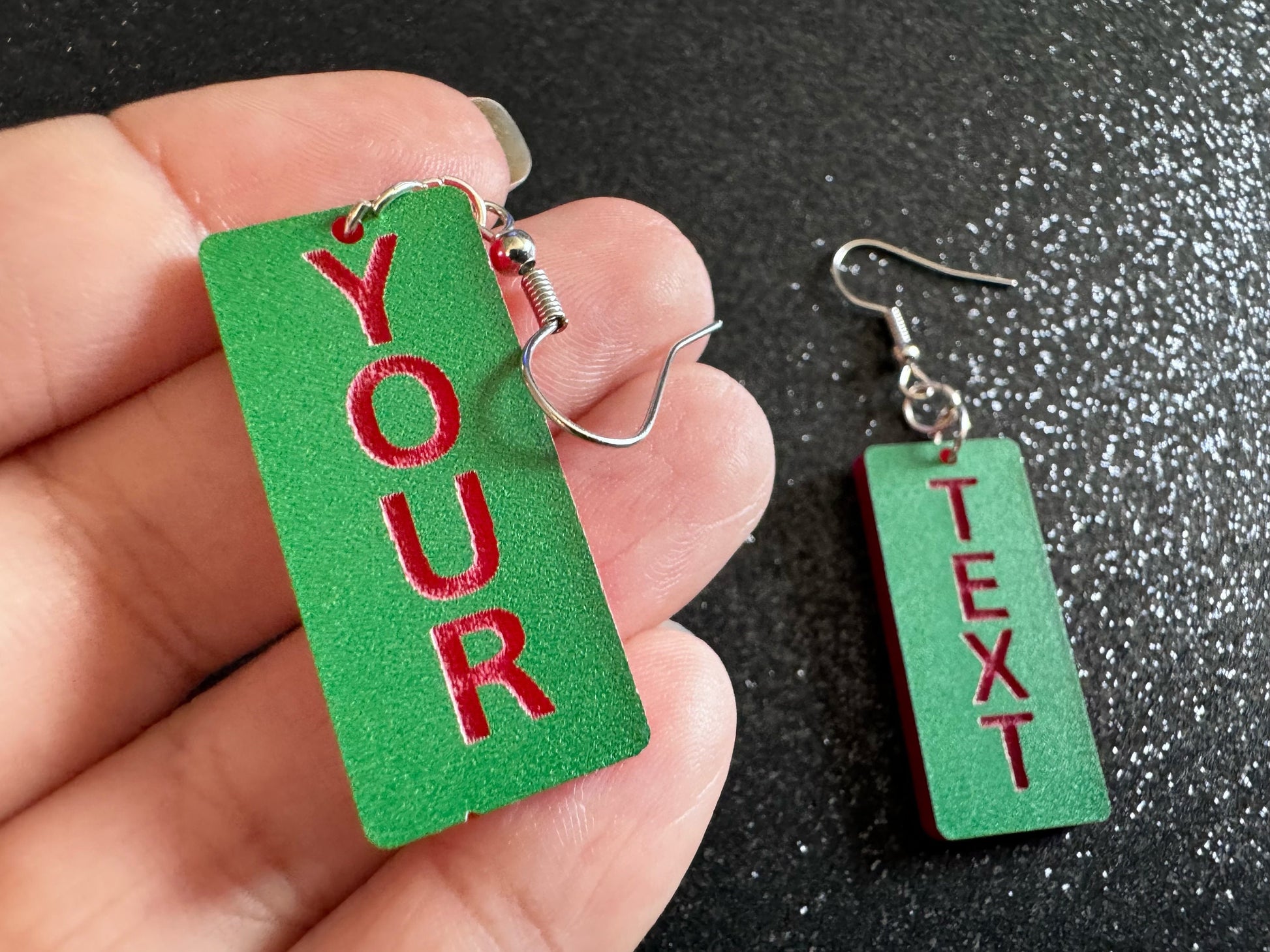 Custom Text Earrings: Laser Engraved Words, Green with Red Text, Letters, Names, Teacher Gift, Anniversary, Best Gifts for Her/Him/Them
