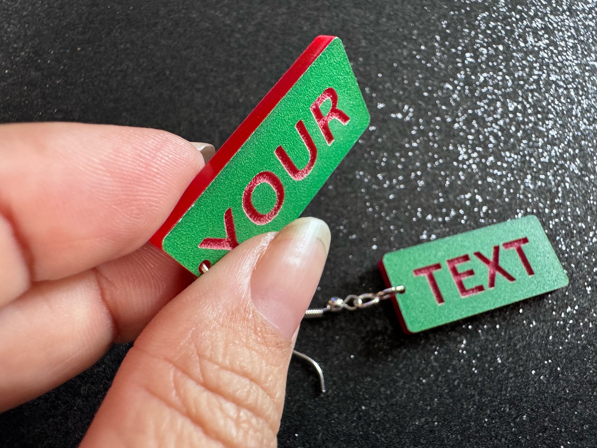 Custom Text Earrings: Laser Engraved Words, Green with Red Text, Letters, Names, Teacher Gift, Anniversary, Best Gifts for Her/Him/Them