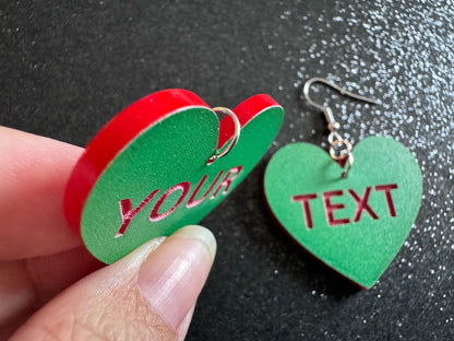 Custom Text Earrings: Laser Engraved Words, Green with Red Text, Letters, Names, Teacher Gift, Anniversary, Best Gifts for Her/Him/Them