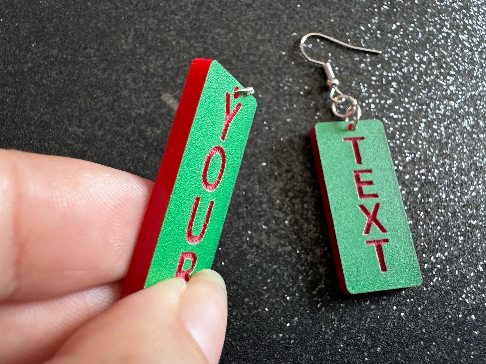 Custom Text Earrings: Laser Engraved Words, Green with Red Text, Letters, Names, Teacher Gift, Anniversary, Best Gifts for Her/Him/Them
