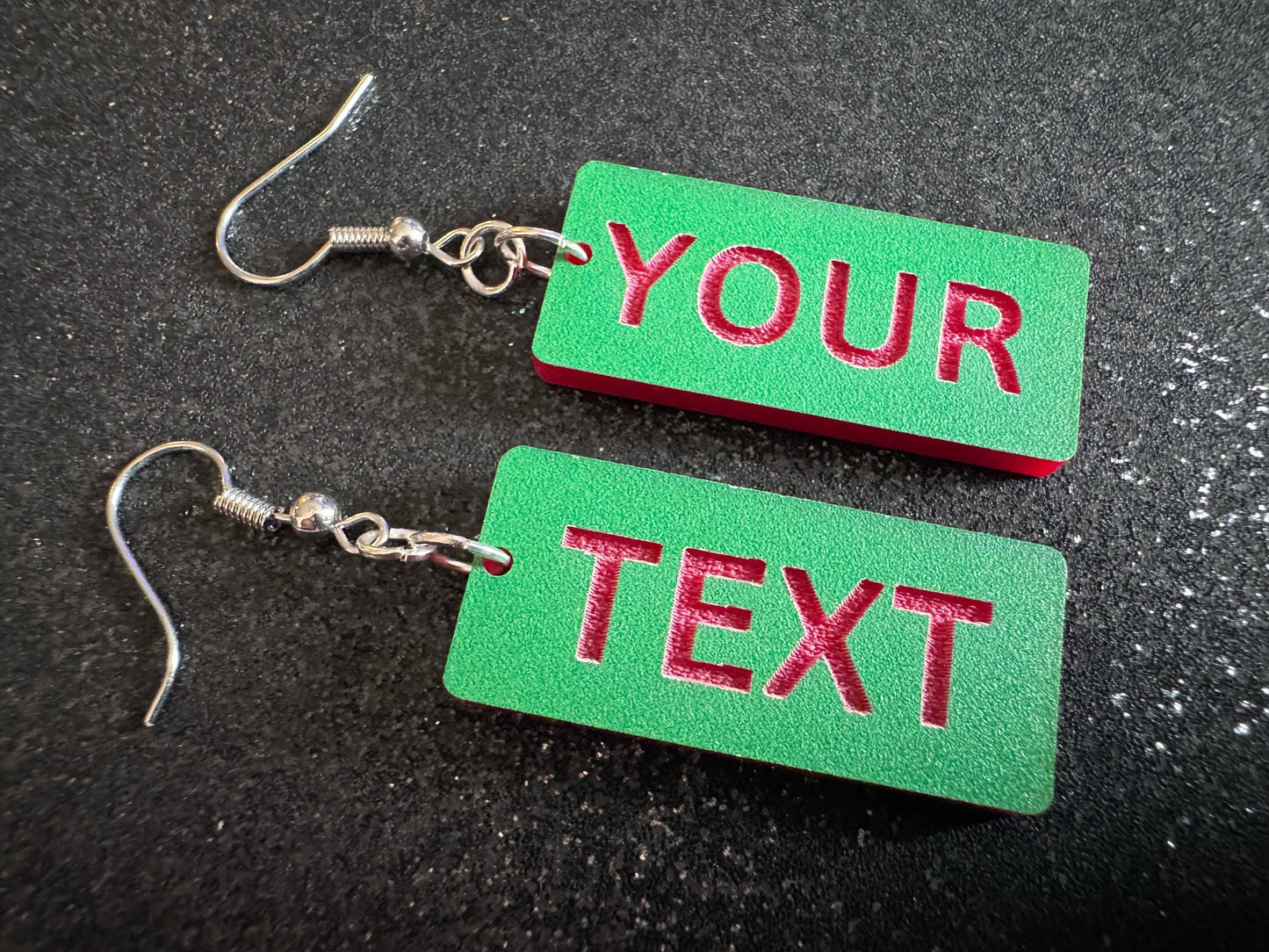Custom Text Earrings: Laser Engraved Words, Green with Red Text, Letters, Names, Teacher Gift, Anniversary, Best Gifts for Her/Him/Them
