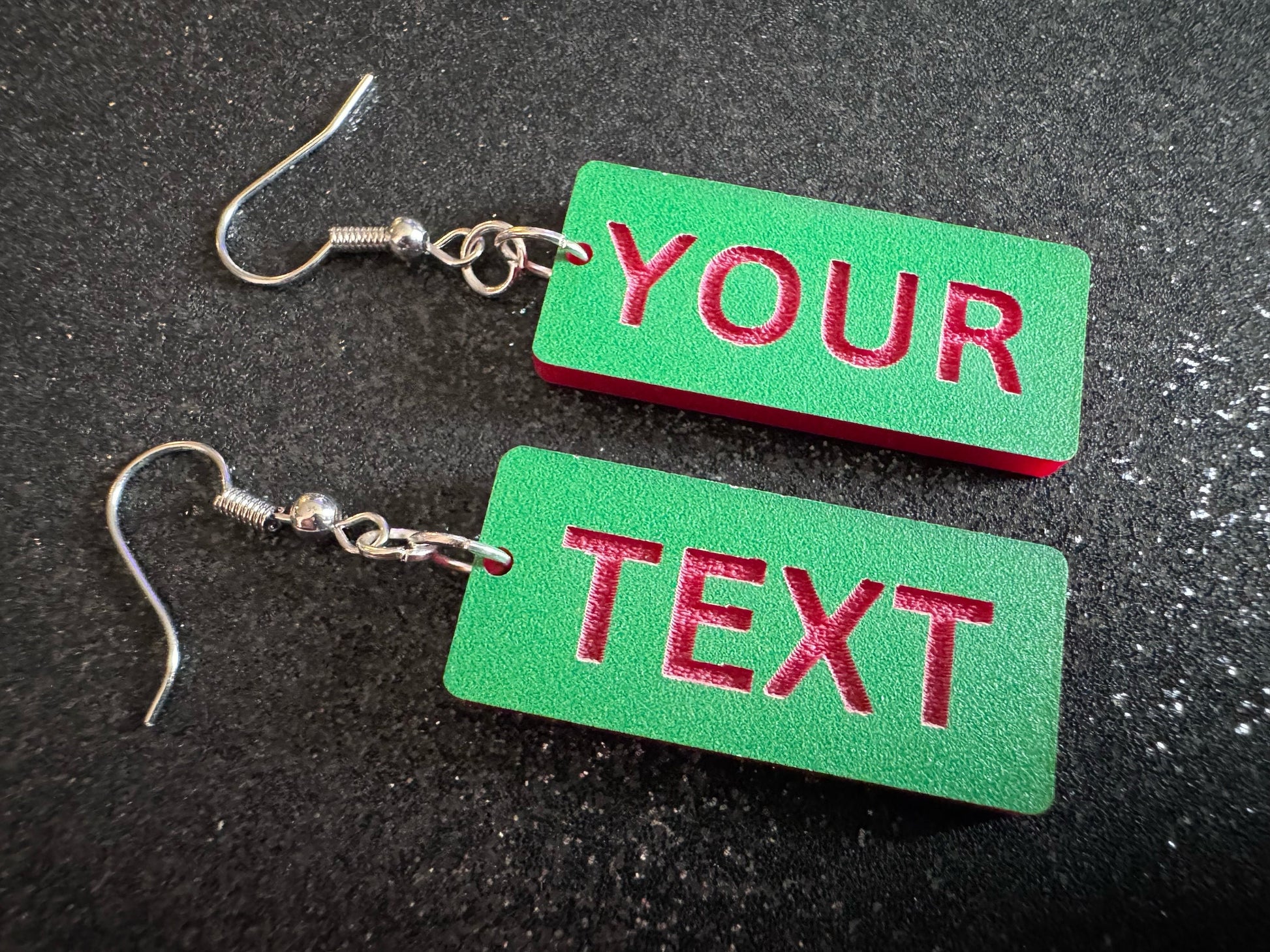 Custom Text Earrings: Laser Engraved Words, Green with Red Text, Letters, Names, Teacher Gift, Anniversary, Best Gifts for Her/Him/Them