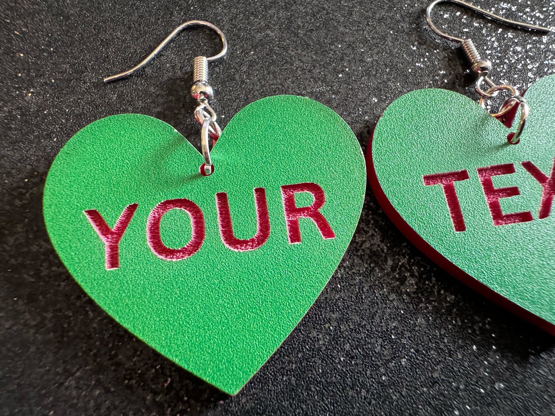 Custom Text Earrings: Laser Engraved Words, Green with Red Text, Letters, Names, Teacher Gift, Anniversary, Best Gifts for Her/Him/Them