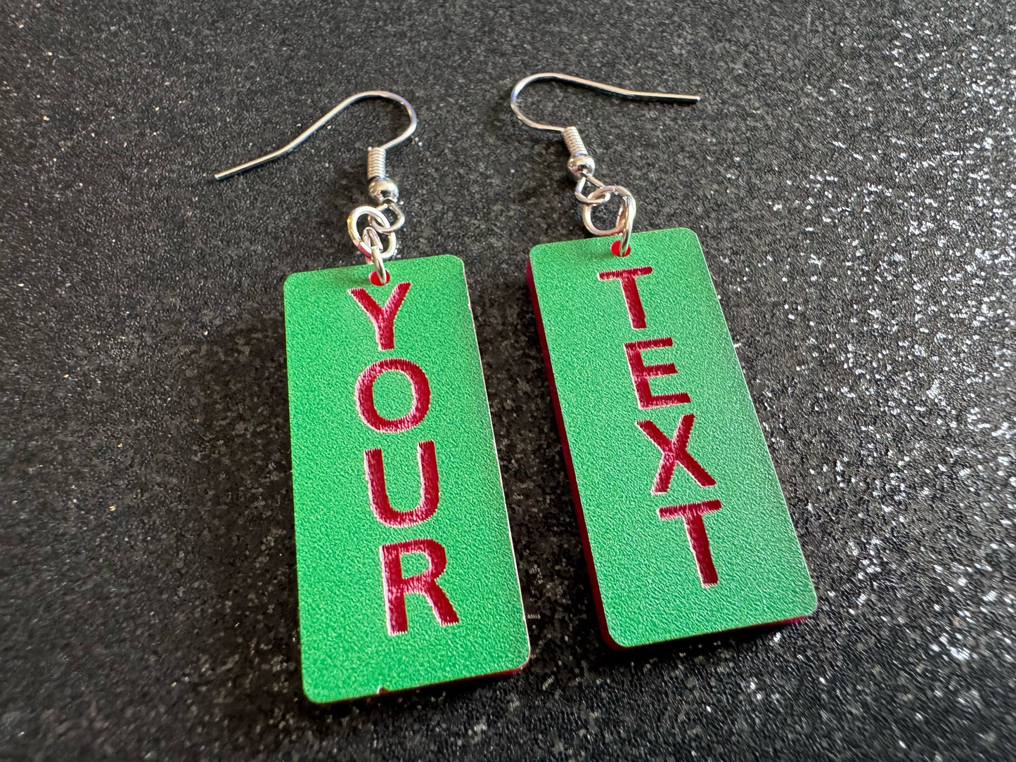 Custom Text Earrings: Laser Engraved Words, Green with Red Text, Letters, Names, Teacher Gift, Anniversary, Best Gifts for Her/Him/Them