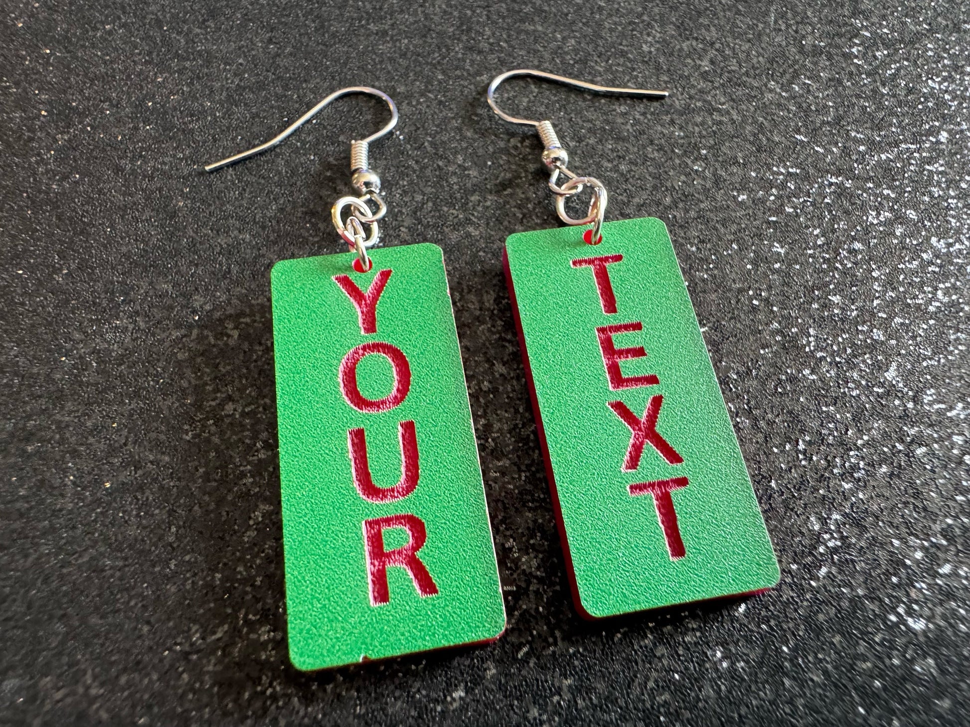 Custom Text Earrings: Laser Engraved Words, Green with Red Text, Letters, Names, Teacher Gift, Anniversary, Best Gifts for Her/Him/Them