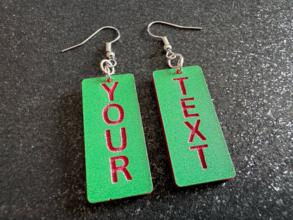 Custom Text Earrings: Laser Engraved Words, Green with Red Text, Letters, Names, Teacher Gift, Anniversary, Best Gifts for Her/Him/Them