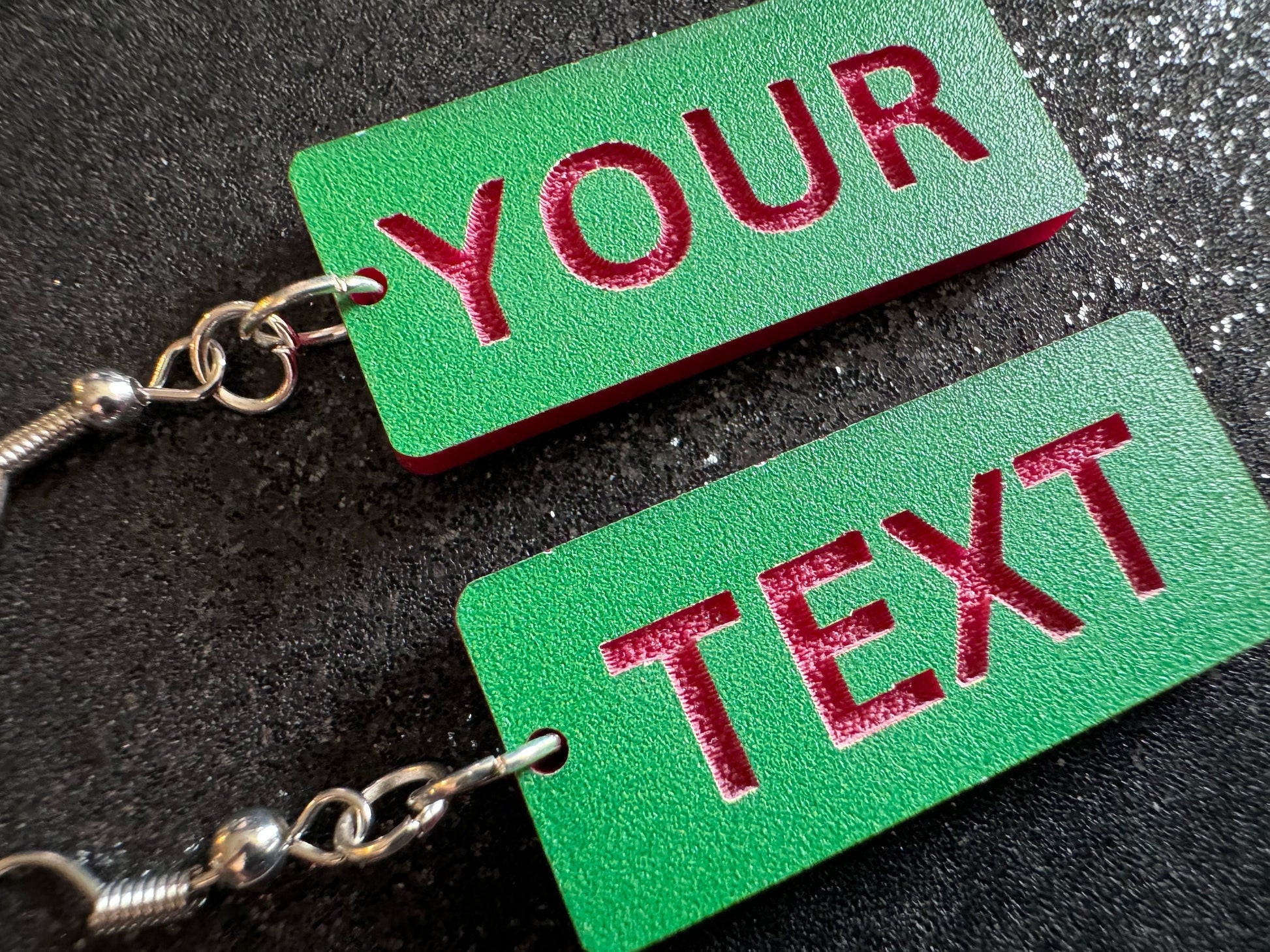 Custom Text Earrings: Laser Engraved Words, Green with Red Text, Letters, Names, Teacher Gift, Anniversary, Best Gifts for Her/Him/Them