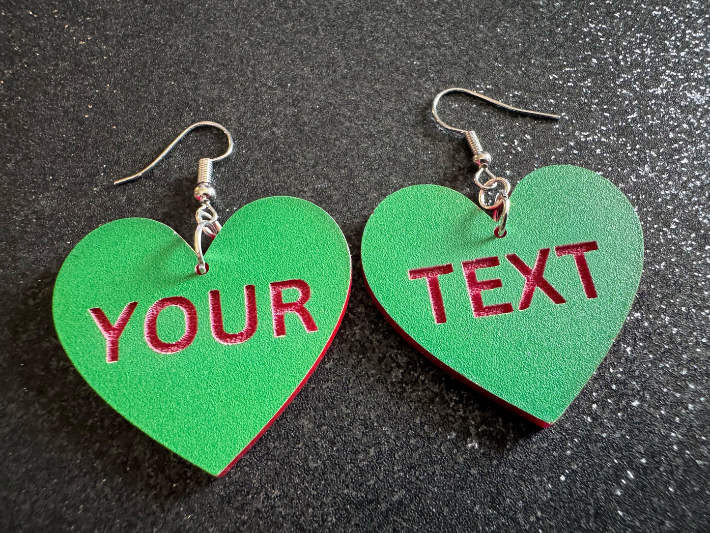 Custom Text Earrings: Laser Engraved Words, Green with Red Text, Letters, Names, Teacher Gift, Anniversary, Best Gifts for Her/Him/Them