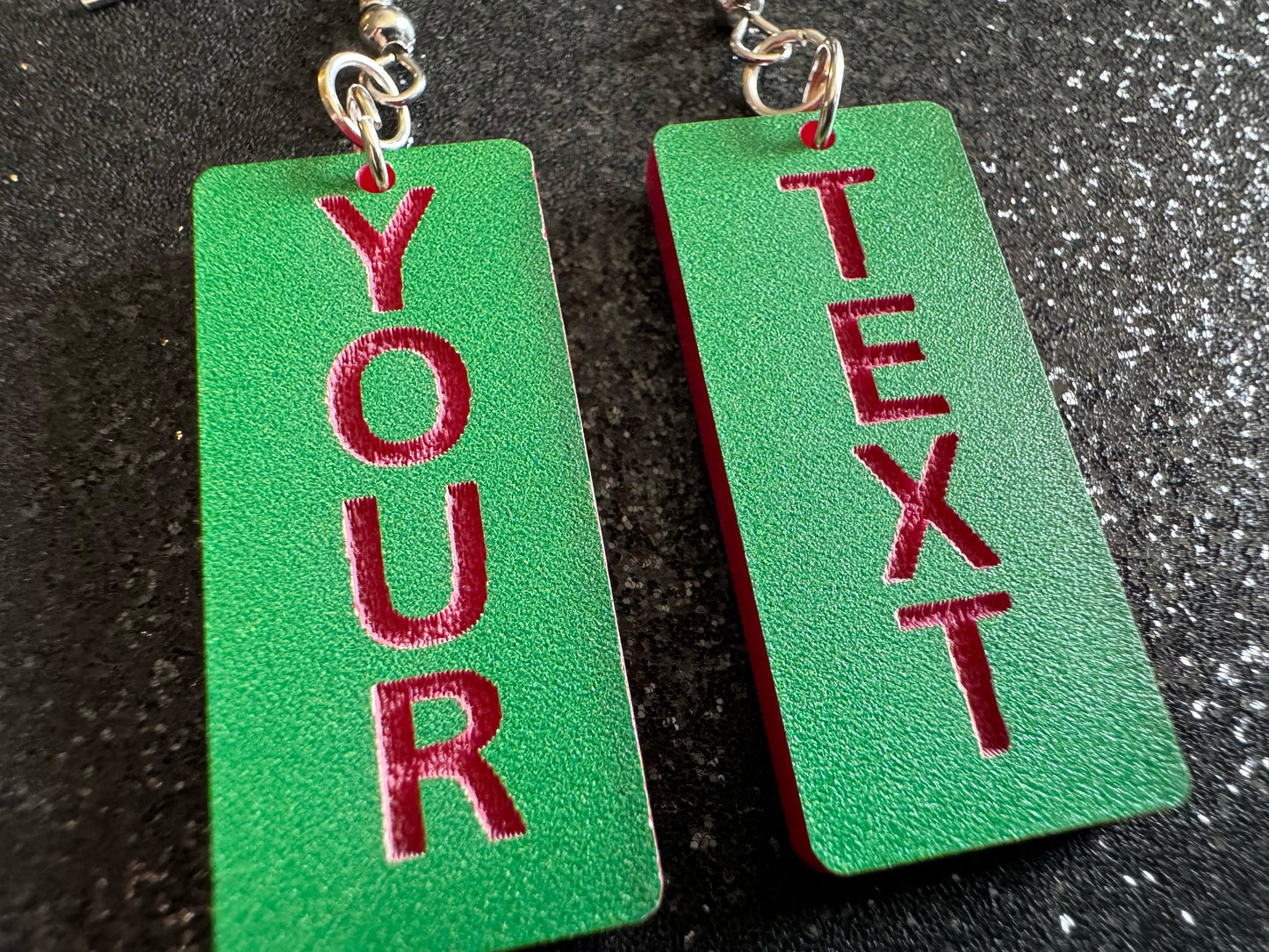 Custom Text Earrings: Laser Engraved Words, Green with Red Text, Letters, Names, Teacher Gift, Anniversary, Best Gifts for Her/Him/Them