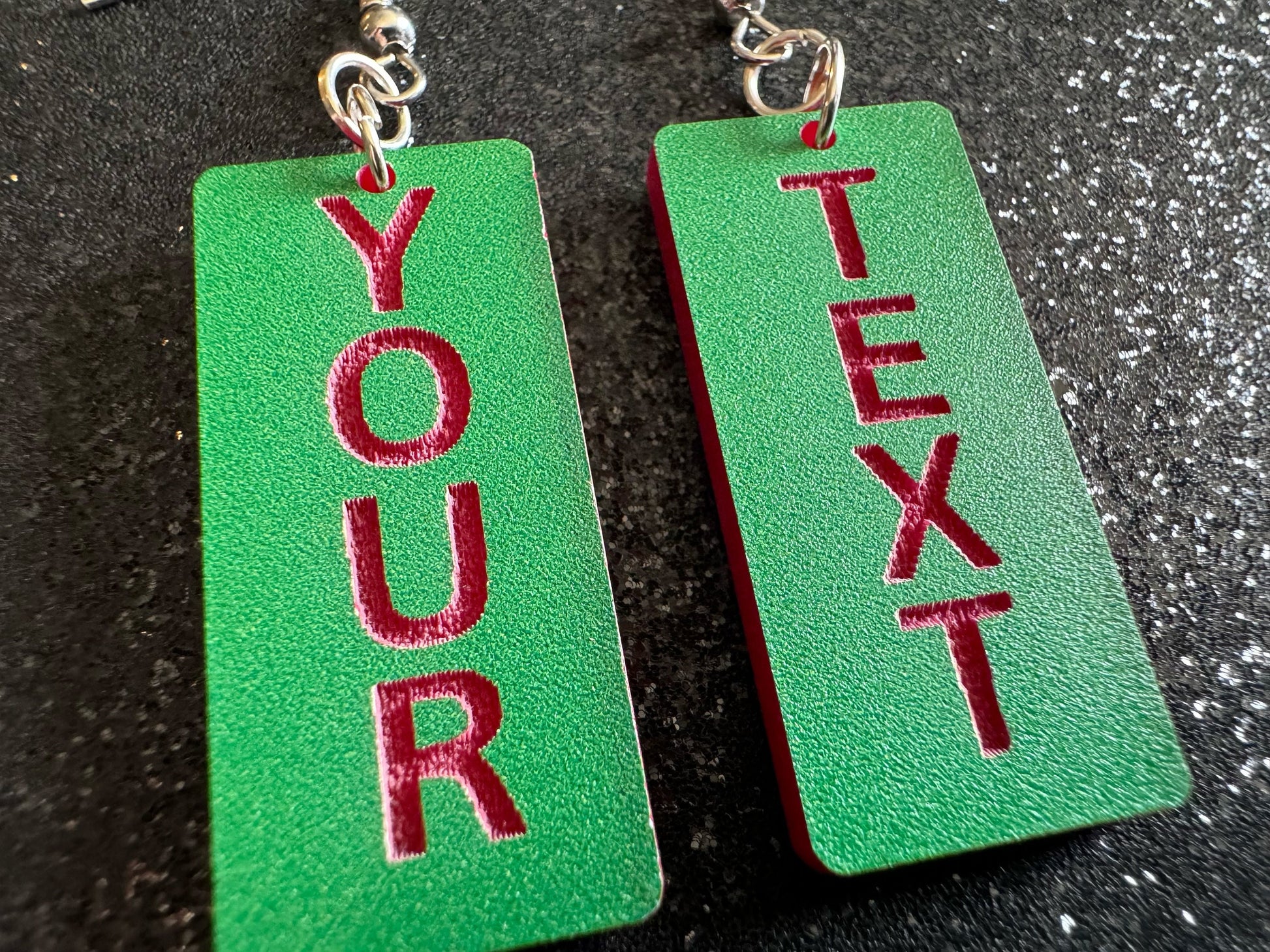 Custom Text Earrings: Laser Engraved Words, Green with Red Text, Letters, Names, Teacher Gift, Anniversary, Best Gifts for Her/Him/Them