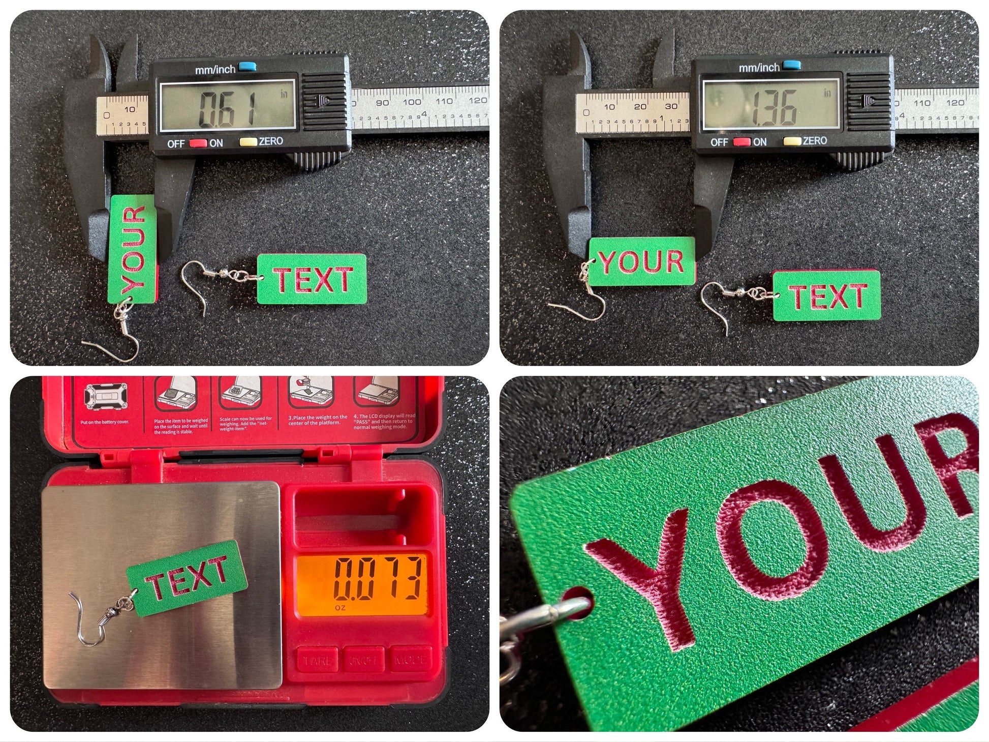 Custom Text Earrings: Laser Engraved Words, Green with Red Text, Letters, Names, Teacher Gift, Anniversary, Best Gifts for Her/Him/Them