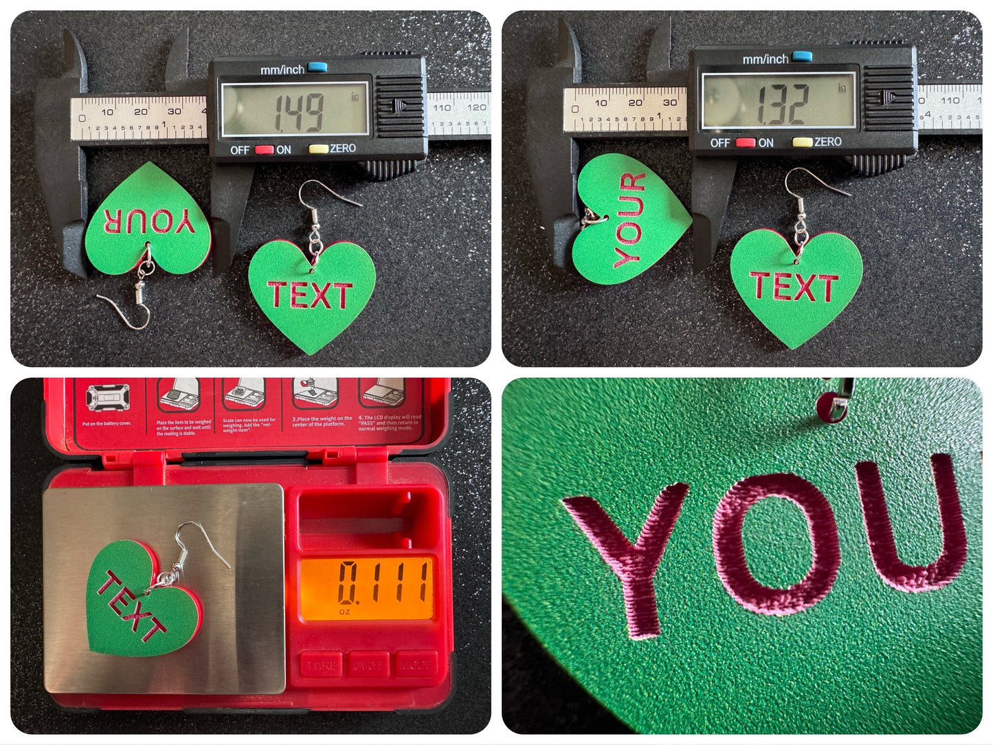 Custom Text Earrings: Laser Engraved Words, Green with Red Text, Letters, Names, Teacher Gift, Anniversary, Best Gifts for Her/Him/Them