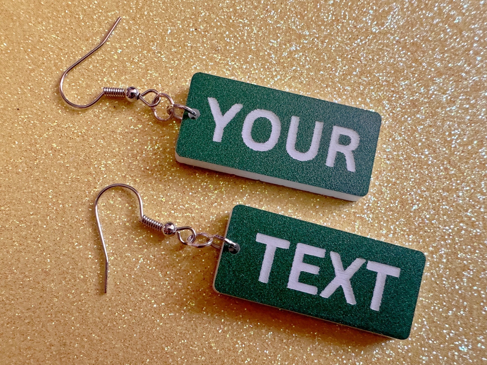 Custom Text Earrings: Laser Engraved Words, Green with White Text, Letters, Names, Teacher Gift, Anniversary, Best Gifts for Her/Him/Them