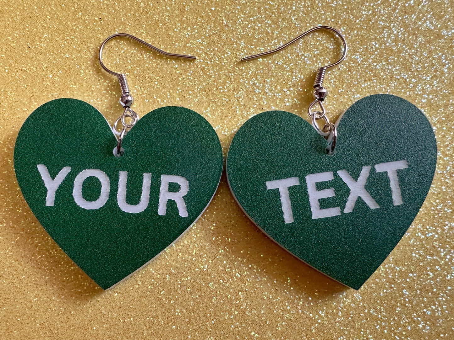 Custom Text Earrings: Laser Engraved Words, Green with White Text, Letters, Names, Teacher Gift, Anniversary, Best Gifts for Her/Him/Them