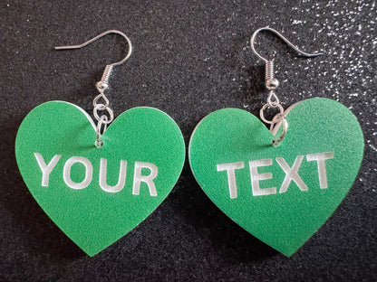 Custom Text Earrings: Laser Engraved Words, Green with White Text, Letters, Names, Teacher Gift, Anniversary, Best Gifts for Her/Him/Them