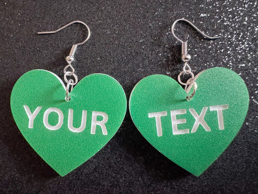 Custom Text Earrings: Laser Engraved Words, Green with White Text, Letters, Names, Teacher Gift, Anniversary, Best Gifts for Her/Him/Them
