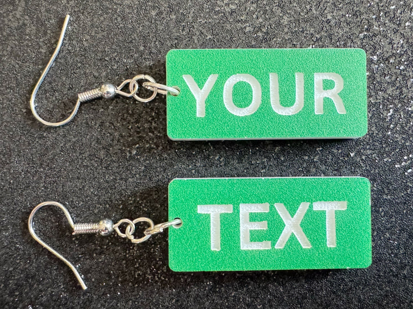 Custom Text Earrings: Laser Engraved Words, Green with White Text, Letters, Names, Teacher Gift, Anniversary, Best Gifts for Her/Him/Them