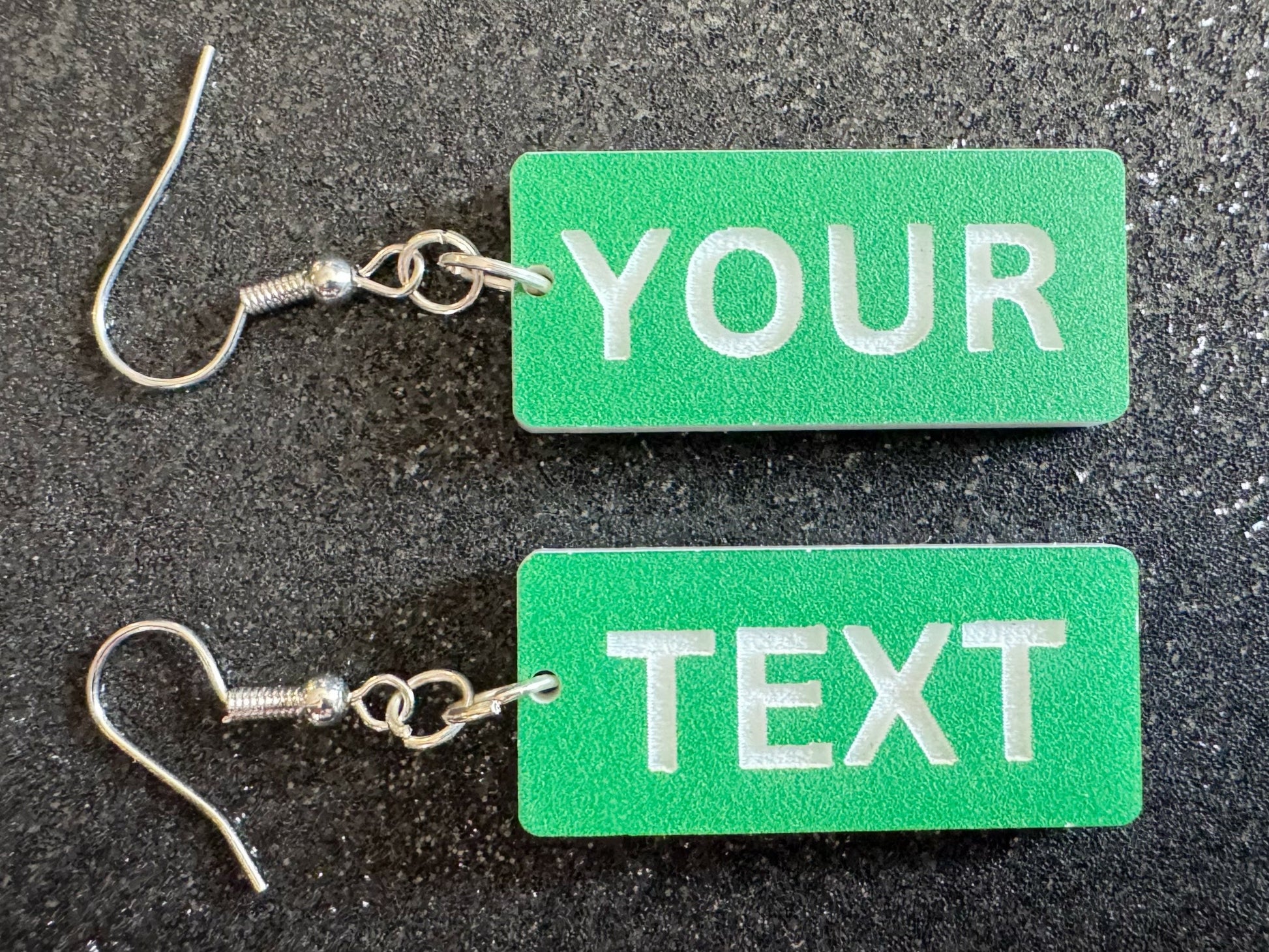 Custom Text Earrings: Laser Engraved Words, Green with White Text, Letters, Names, Teacher Gift, Anniversary, Best Gifts for Her/Him/Them