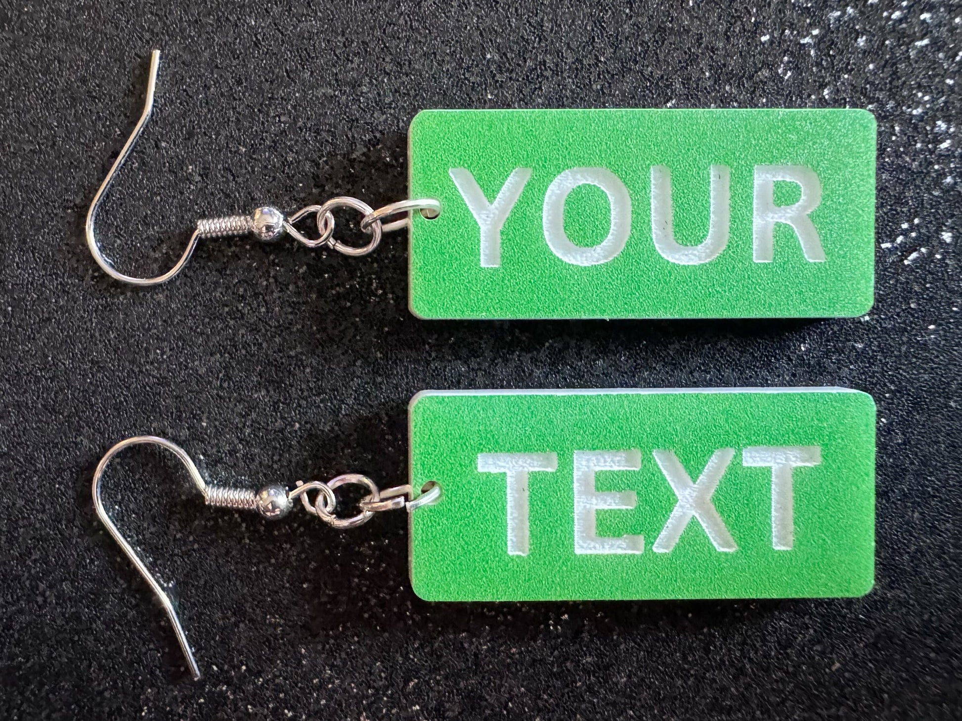 Custom Text Earrings: Laser Engraved Words, Green with White Text, Letters, Names, Teacher Gift, Anniversary, Best Gifts for Her/Him/Them
