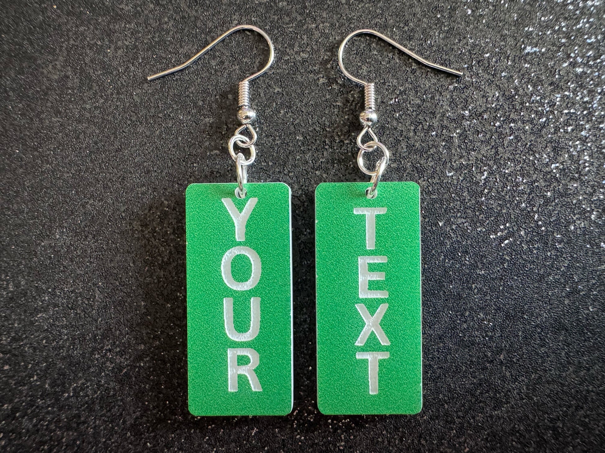 Custom Text Earrings: Laser Engraved Words, Green with White Text, Letters, Names, Teacher Gift, Anniversary, Best Gifts for Her/Him/Them