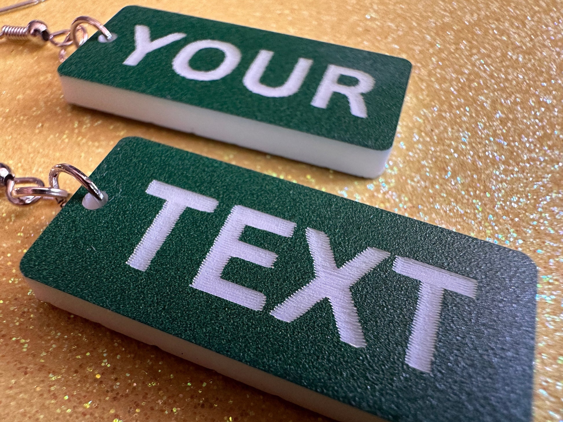 Custom Text Earrings: Laser Engraved Words, Green with White Text, Letters, Names, Teacher Gift, Anniversary, Best Gifts for Her/Him/Them