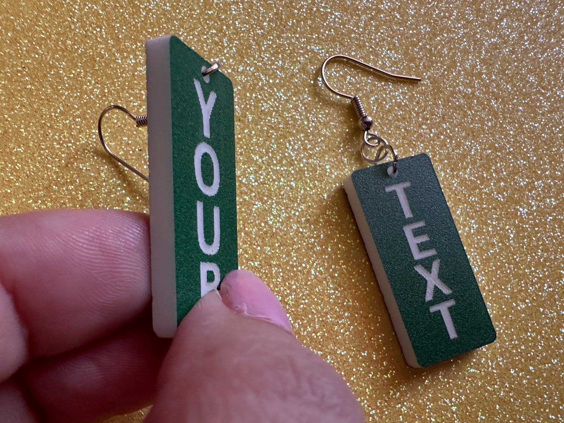 Custom Text Earrings: Laser Engraved Words, Green with White Text, Letters, Names, Teacher Gift, Anniversary, Best Gifts for Her/Him/Them