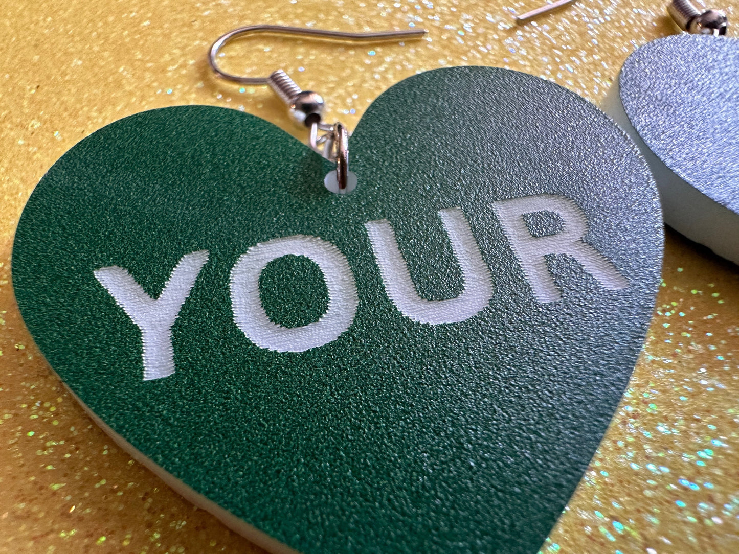 Custom Text Earrings: Laser Engraved Words, Green with White Text, Letters, Names, Teacher Gift, Anniversary, Best Gifts for Her/Him/Them