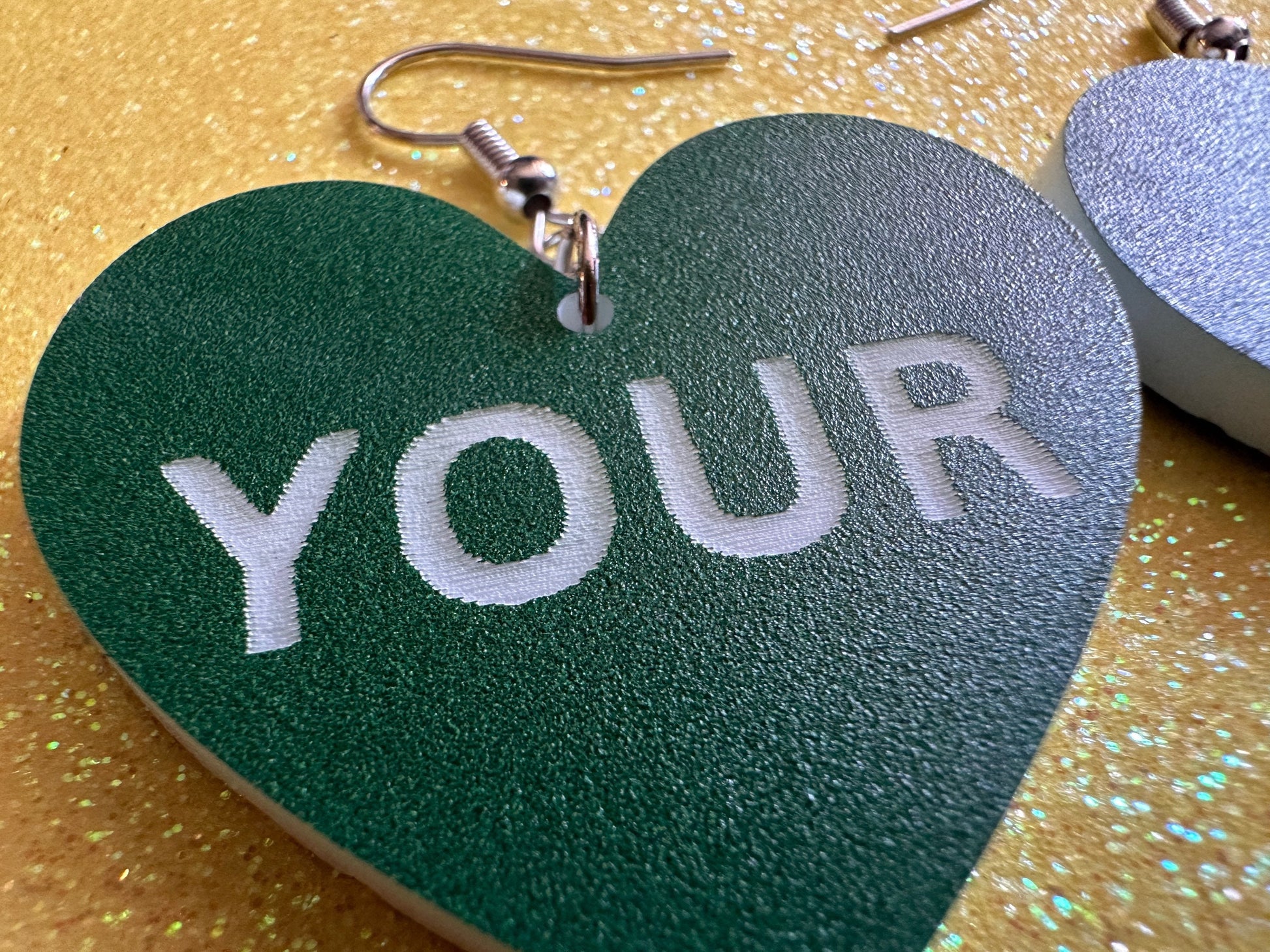 Custom Text Earrings: Laser Engraved Words, Green with White Text, Letters, Names, Teacher Gift, Anniversary, Best Gifts for Her/Him/Them