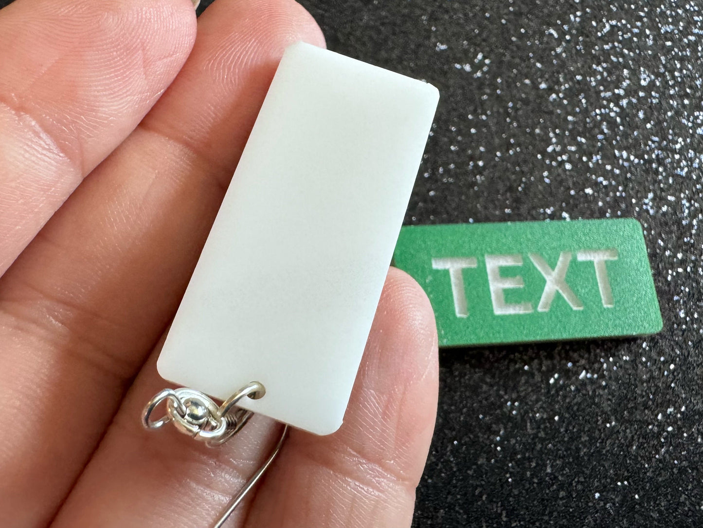 Custom Text Earrings: Laser Engraved Words, Green with White Text, Letters, Names, Teacher Gift, Anniversary, Best Gifts for Her/Him/Them