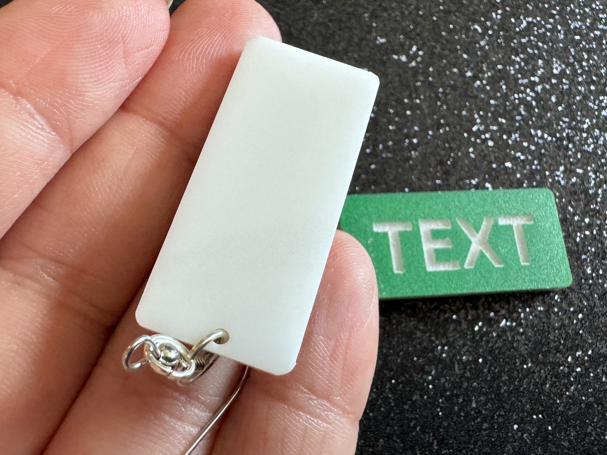 Custom Text Earrings: Laser Engraved Words, Green with White Text, Letters, Names, Teacher Gift, Anniversary, Best Gifts for Her/Him/Them