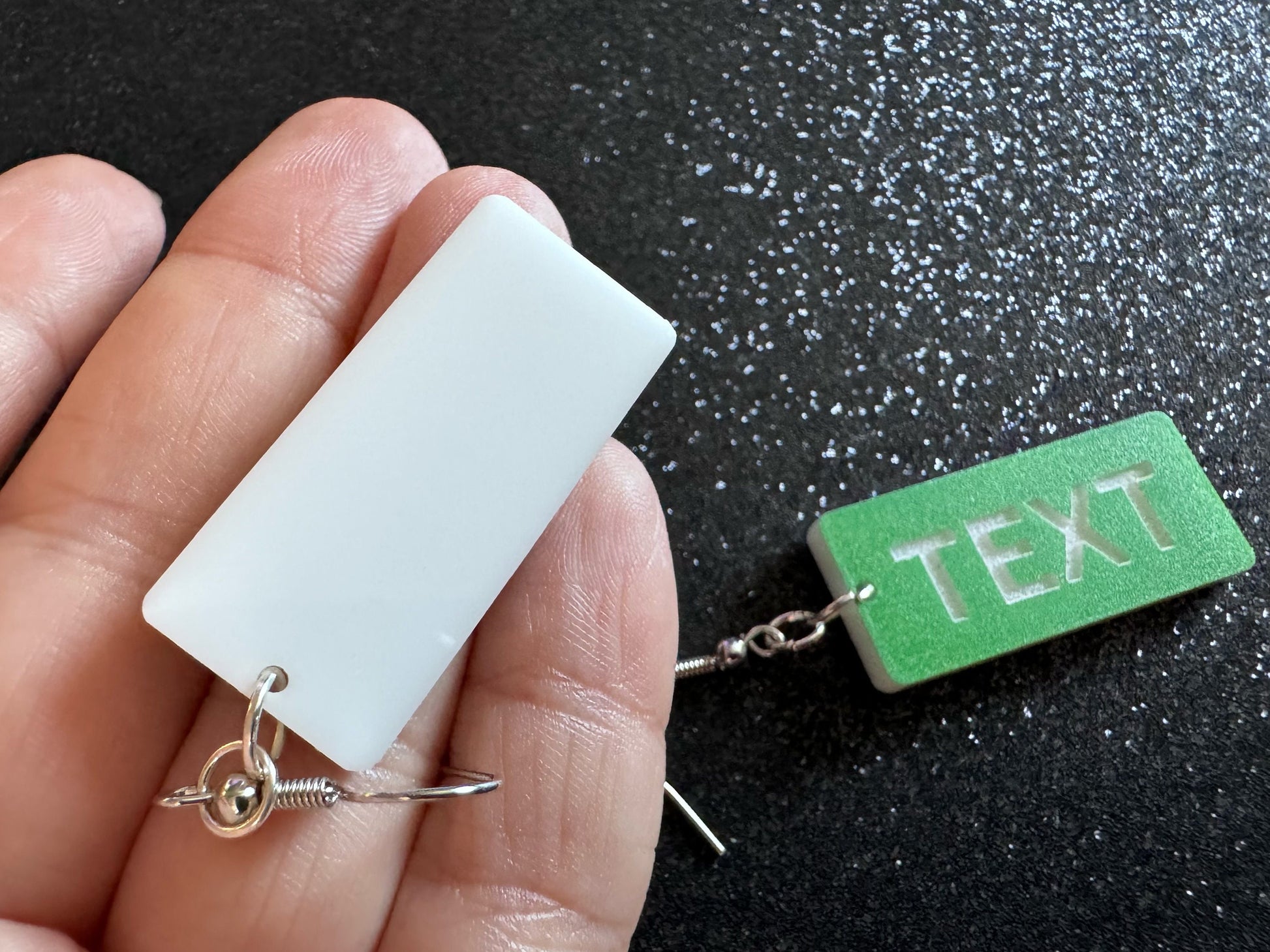 Custom Text Earrings: Laser Engraved Words, Green with White Text, Letters, Names, Teacher Gift, Anniversary, Best Gifts for Her/Him/Them