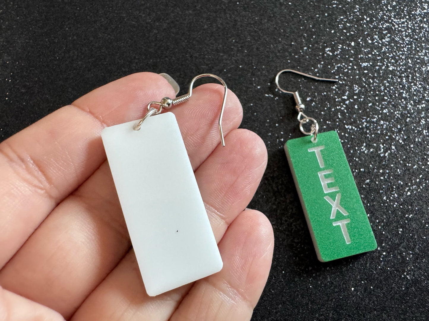Custom Text Earrings: Laser Engraved Words, Green with White Text, Letters, Names, Teacher Gift, Anniversary, Best Gifts for Her/Him/Them