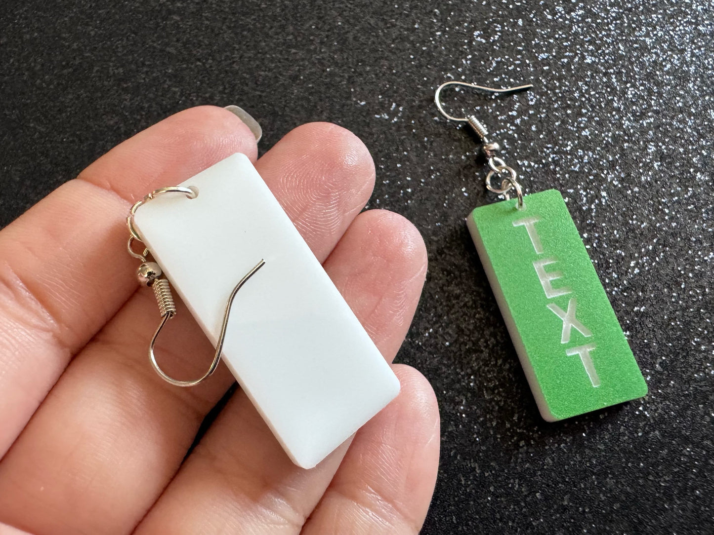 Custom Text Earrings: Laser Engraved Words, Green with White Text, Letters, Names, Teacher Gift, Anniversary, Best Gifts for Her/Him/Them