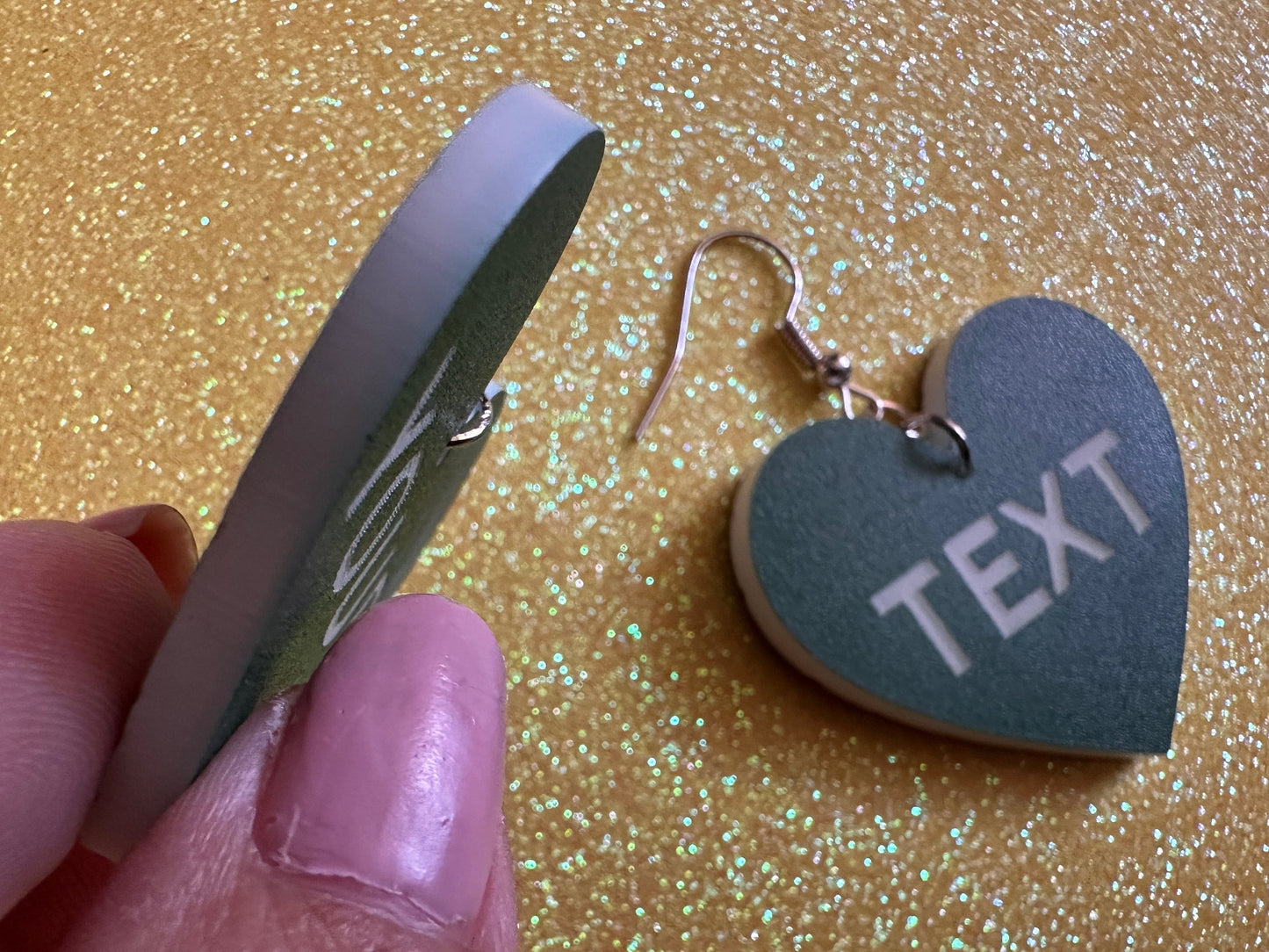 Custom Text Earrings: Laser Engraved Words, Green with White Text, Letters, Names, Teacher Gift, Anniversary, Best Gifts for Her/Him/Them