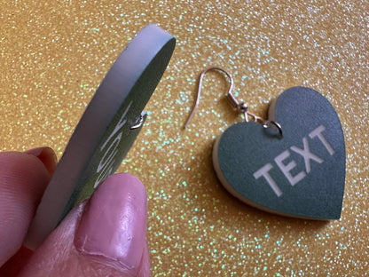 Custom Text Earrings: Laser Engraved Words, Green with White Text, Letters, Names, Teacher Gift, Anniversary, Best Gifts for Her/Him/Them