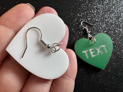 Custom Text Earrings: Laser Engraved Words, Green with White Text, Letters, Names, Teacher Gift, Anniversary, Best Gifts for Her/Him/Them