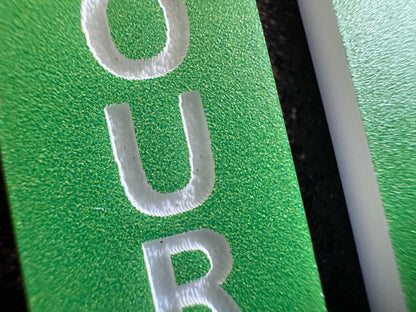 Custom Text Earrings: Laser Engraved Words, Green with White Text, Letters, Names, Teacher Gift, Anniversary, Best Gifts for Her/Him/Them