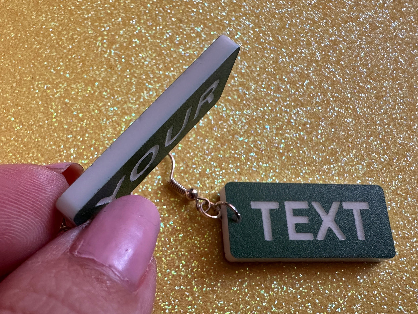 Custom Text Earrings: Laser Engraved Words, Green with White Text, Letters, Names, Teacher Gift, Anniversary, Best Gifts for Her/Him/Them