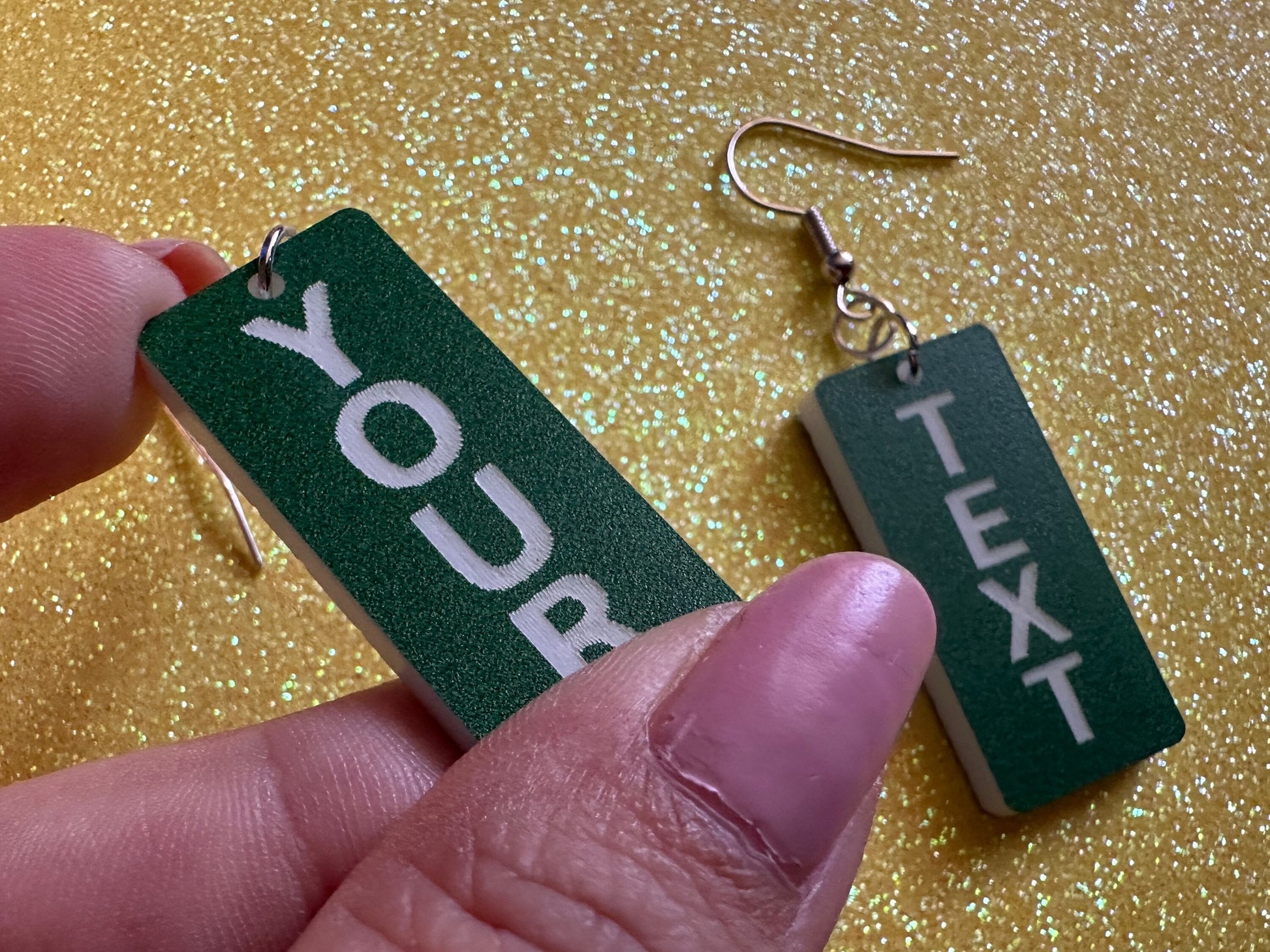 Custom Text Earrings: Laser Engraved Words, Green with White Text, Letters, Names, Teacher Gift, Anniversary, Best Gifts for Her/Him/Them