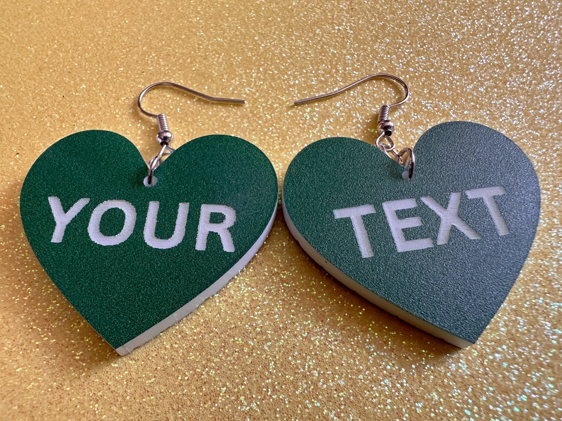 Custom Text Earrings: Laser Engraved Words, Green with White Text, Letters, Names, Teacher Gift, Anniversary, Best Gifts for Her/Him/Them