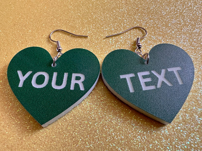 Custom Text Earrings: Laser Engraved Words, Green with White Text, Letters, Names, Teacher Gift, Anniversary, Best Gifts for Her/Him/Them