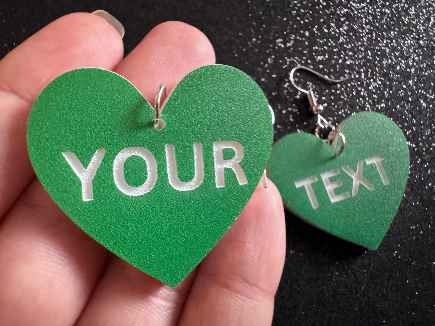 Custom Text Earrings: Laser Engraved Words, Green with White Text, Letters, Names, Teacher Gift, Anniversary, Best Gifts for Her/Him/Them
