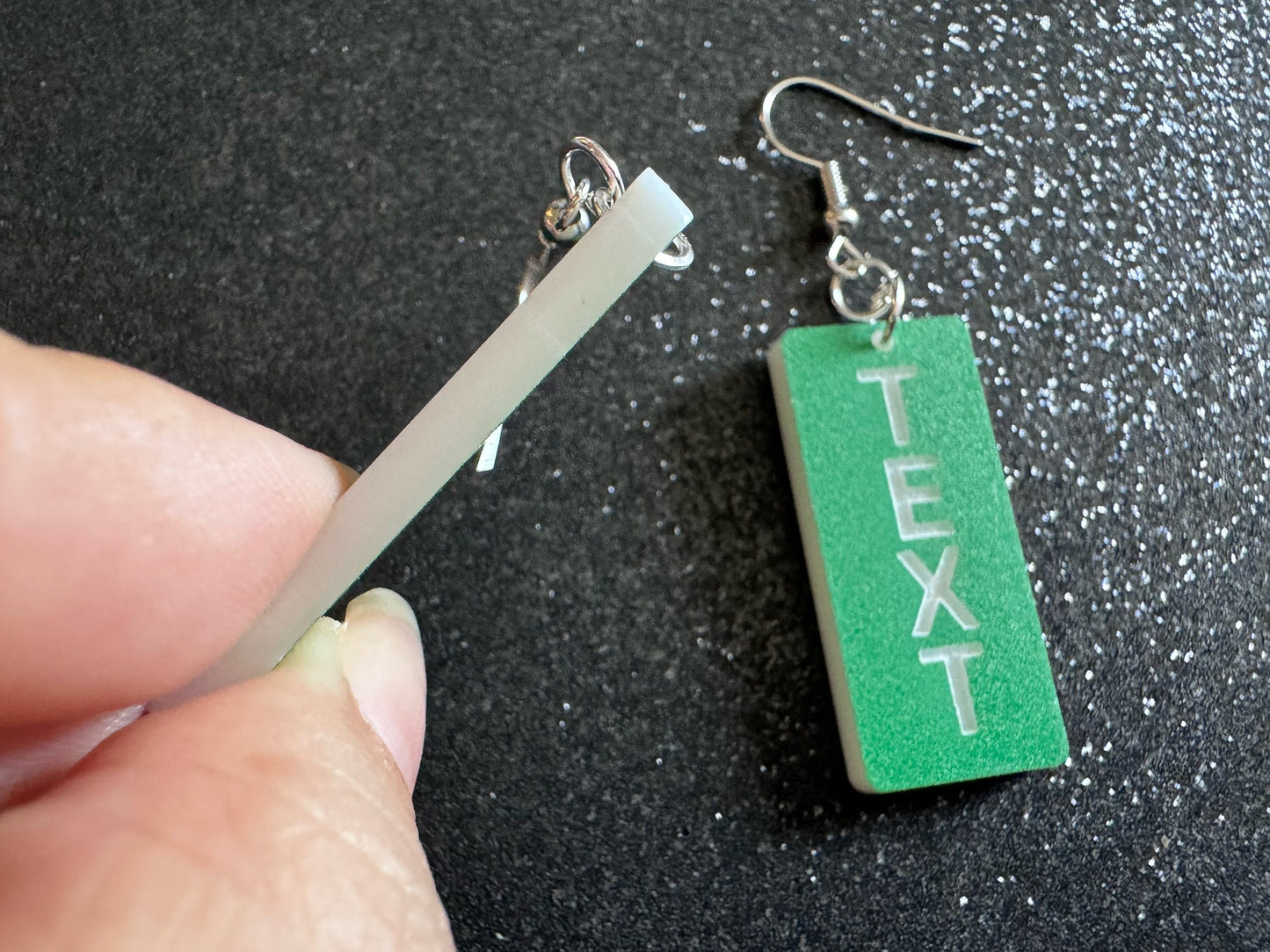 Custom Text Earrings: Laser Engraved Words, Green with White Text, Letters, Names, Teacher Gift, Anniversary, Best Gifts for Her/Him/Them