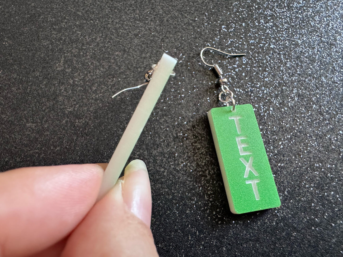 Custom Text Earrings: Laser Engraved Words, Green with White Text, Letters, Names, Teacher Gift, Anniversary, Best Gifts for Her/Him/Them